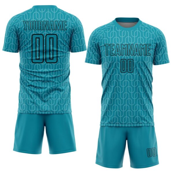 Custom Teal Black Geometric Pattern Sublimation Soccer Uniform Jersey – Bild 2
