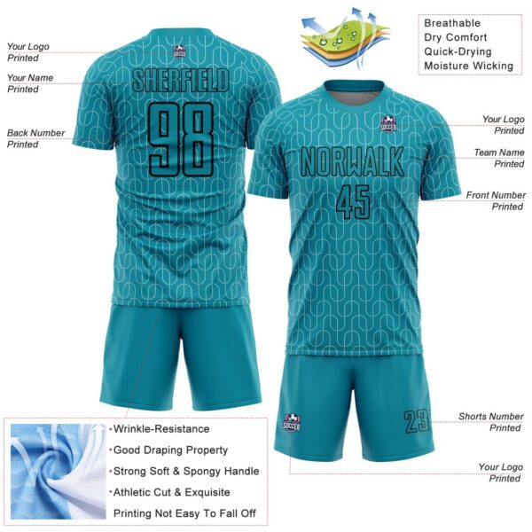 Custom Teal Black Geometric Pattern Sublimation Soccer Uniform Jersey – Bild 5
