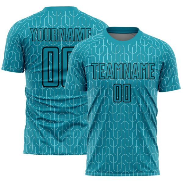 Custom Teal Black Geometric Pattern Sublimation Soccer Uniform Jersey – Bild 1